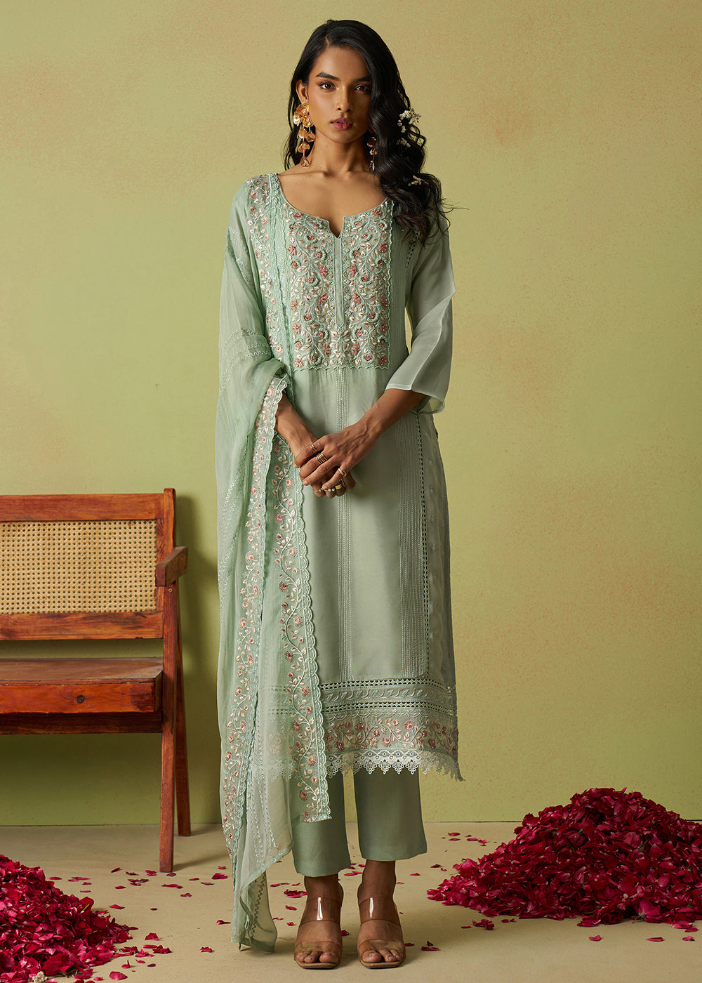 Buy Now Pure Organza Embroidered Green Wedding Festive Dress Online in USA, UK, Canada, Germany, Italy, France, Australia, UAE & Worldwide at Empress Clothing.