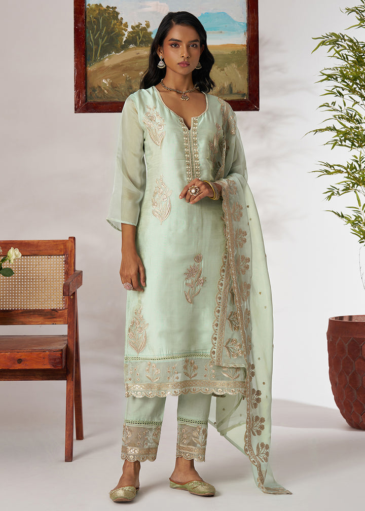 Buy Now Pakistani Style Green Embroidered Pant Style Suit Online in USA, UK, Canada, Germany, Italy, UAE, France & Worldwide at Empress Clothing.
