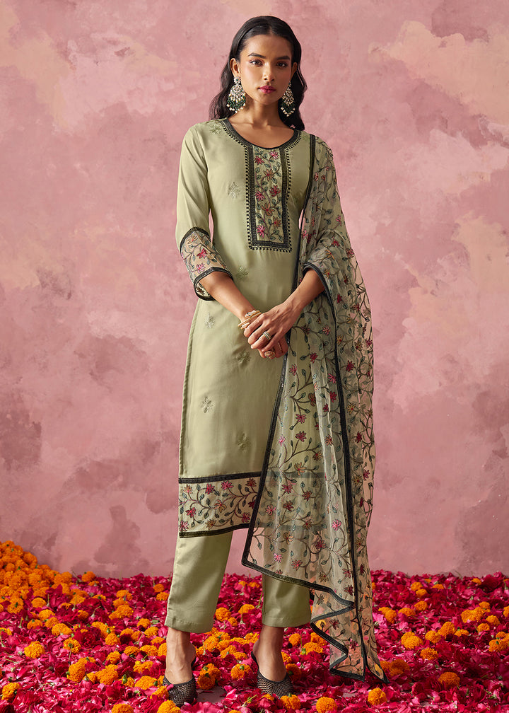 Buy Now Green Embroidered Casual Festive Style Pant Suit Online in USA, UK, Canada, Germany, Italy, France, Austria, UAE, Qatar & Worldwide at Empress Clothing.