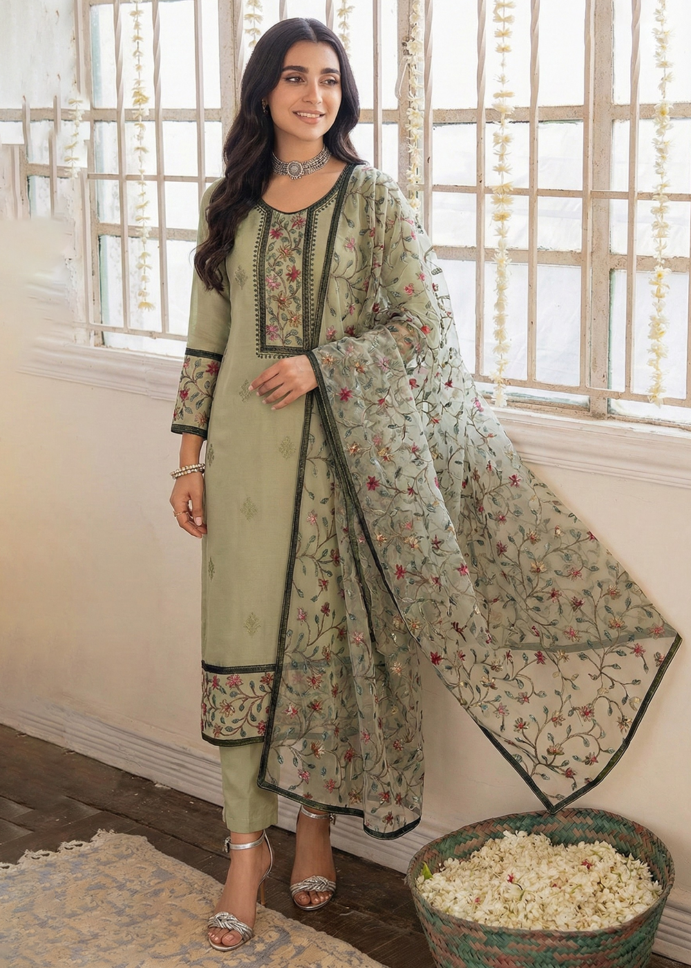 Buy Now Green Embroidered Casual Festive Style Pant Suit Online in USA, UK, Canada, Germany, Italy, France, Austria, UAE, Qatar & Worldwide at Empress Clothing.
