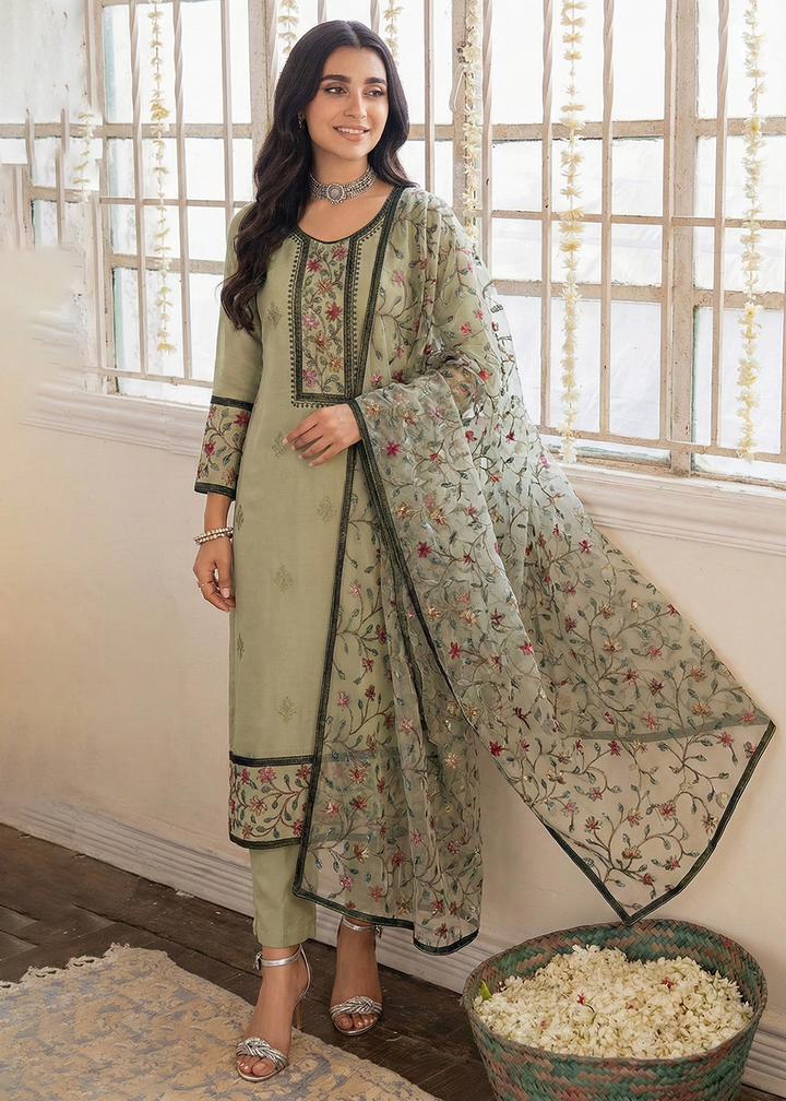 Buy Now Green Embroidered Casual Festive Style Pant Suit Online in USA, UK, Canada, Germany, Italy, France, Austria, UAE, Qatar & Worldwide at Empress Clothing.