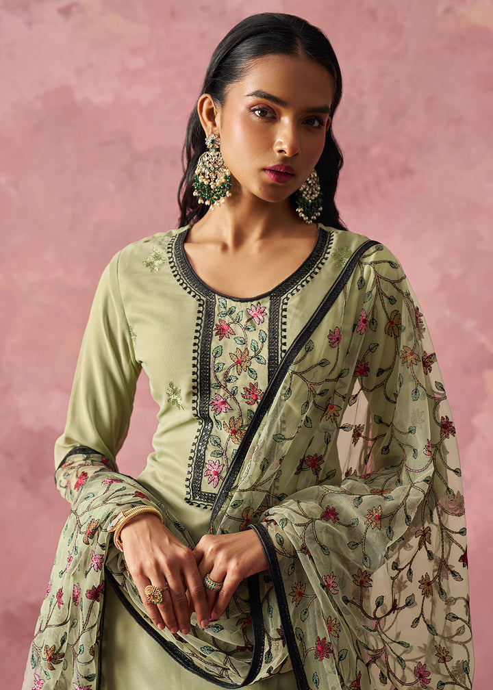 Buy Now Green Embroidered Casual Festive Style Pant Suit Online in USA, UK, Canada, Germany, Italy, France, Austria, UAE, Qatar & Worldwide at Empress Clothing.
