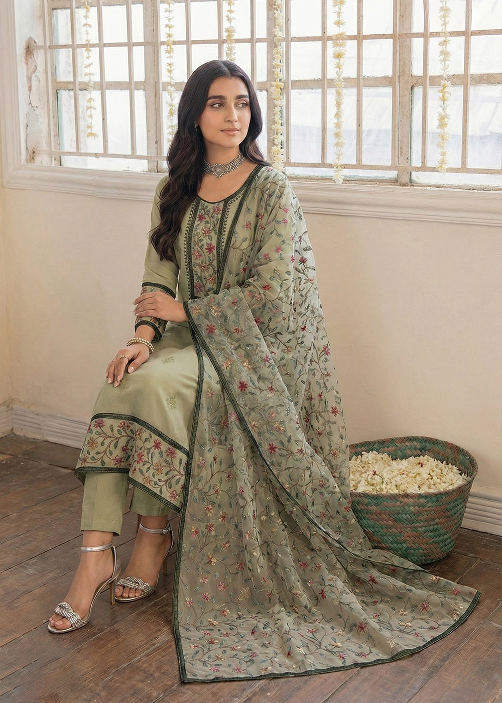 Buy Now Green Embroidered Casual Festive Style Pant Suit Online in USA, UK, Canada, Germany, Italy, France, Austria, UAE, Qatar & Worldwide at Empress Clothing.