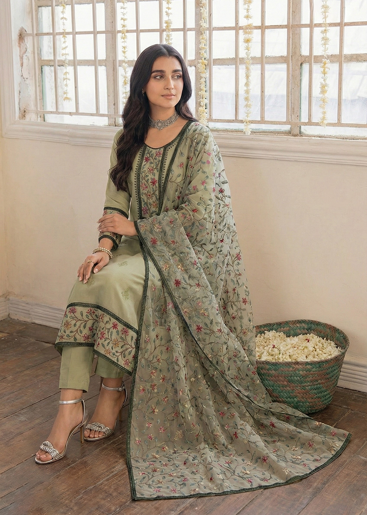 Buy Now Green Embroidered Casual Festive Style Pant Suit Online in USA, UK, Canada, Germany, Italy, France, Austria, UAE, Qatar & Worldwide at Empress Clothing.