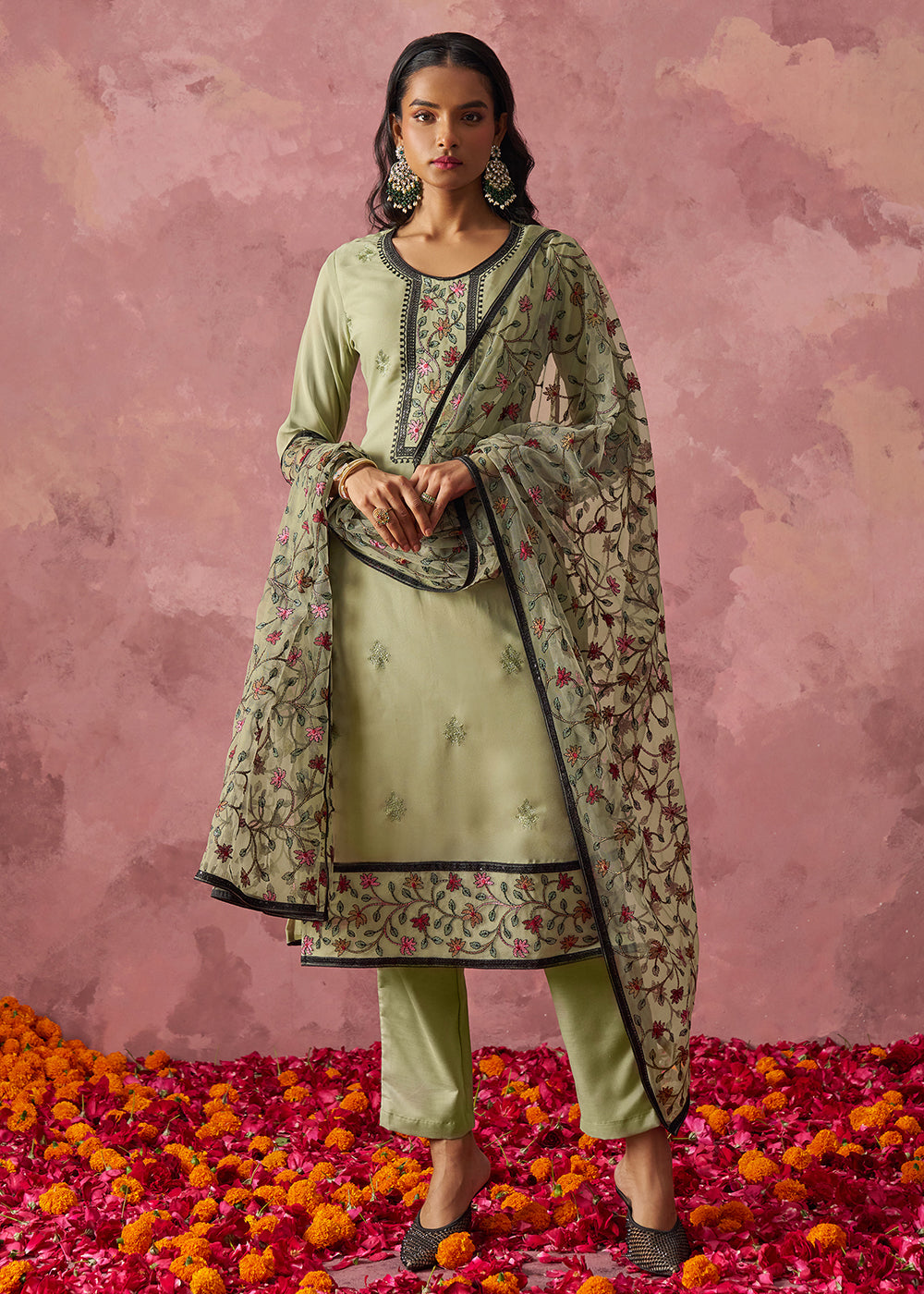 Buy Now Green Embroidered Casual Festive Style Pant Suit Online in USA, UK, Canada, Germany, Italy, France, Austria, UAE, Qatar & Worldwide at Empress Clothing.