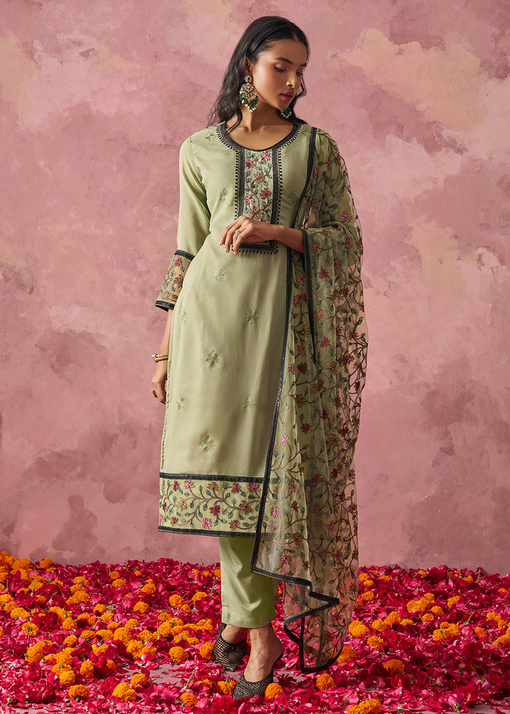Buy Now Green Embroidered Casual Festive Style Pant Suit Online in USA, UK, Canada, Germany, Italy, France, Austria, UAE, Qatar & Worldwide at Empress Clothing.
