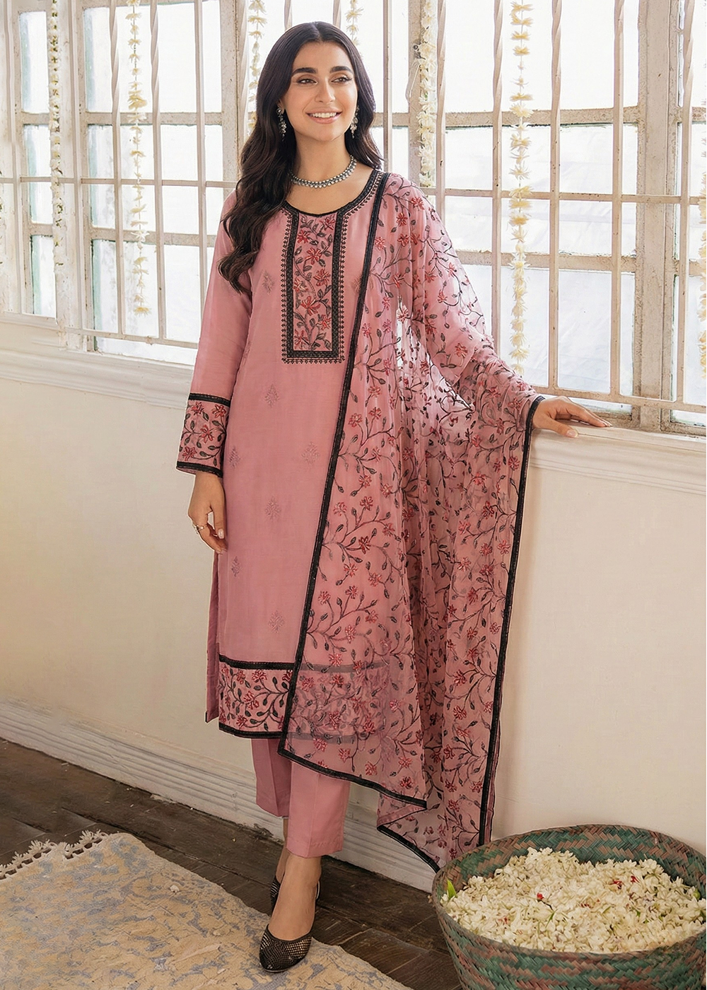 Buy Now Pink Embroidered Casual Festive Style Pant Suit Online in USA, UK, Canada, Germany, Italy, France, Austria, UAE, Qatar & Worldwide at Empress Clothing.