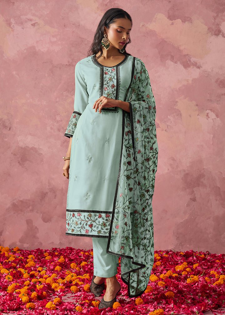 Buy Now Blue Embroidered Casual Festive Style Pant Suit Online in USA, UK, Canada, Germany, Italy, France, Austria, UAE, Qatar & Worldwide at Empress Clothing.