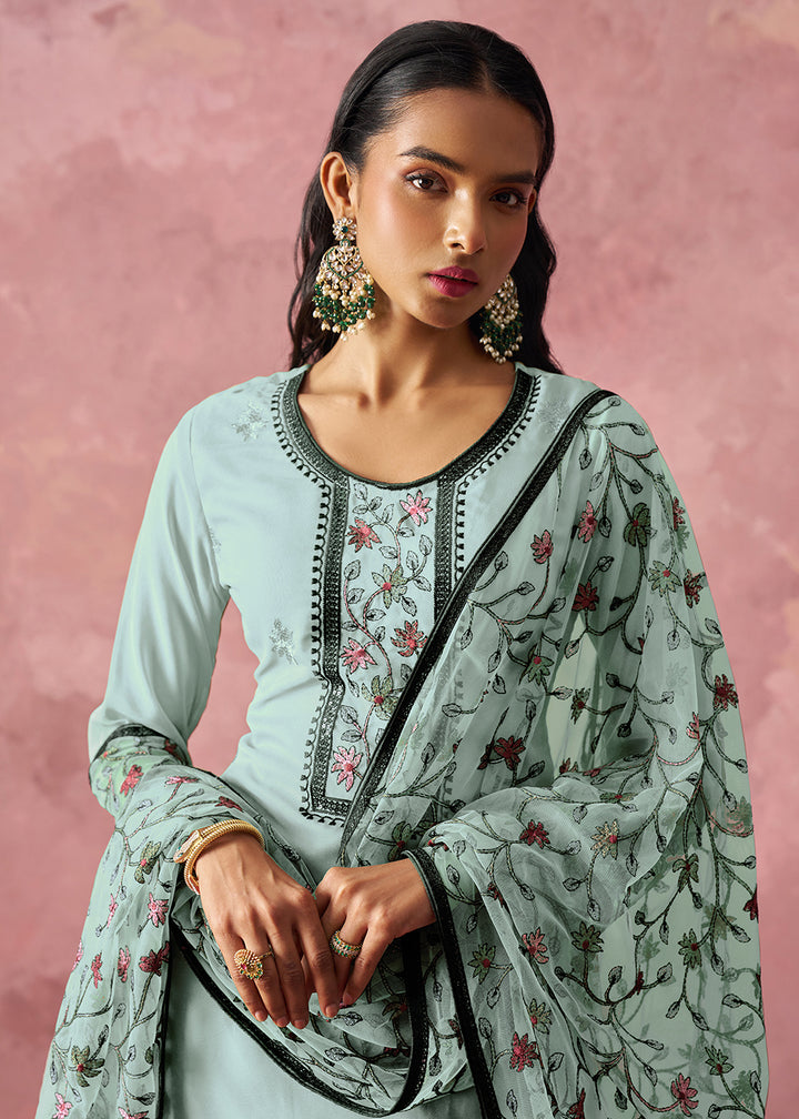 Buy Now Blue Embroidered Casual Festive Style Pant Suit Online in USA, UK, Canada, Germany, Italy, France, Austria, UAE, Qatar & Worldwide at Empress Clothing.