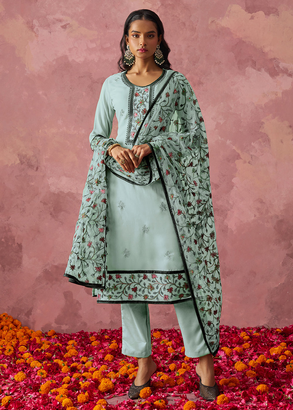 Buy Now Blue Embroidered Casual Festive Style Pant Suit Online in USA, UK, Canada, Germany, Italy, France, Austria, UAE, Qatar & Worldwide at Empress Clothing.