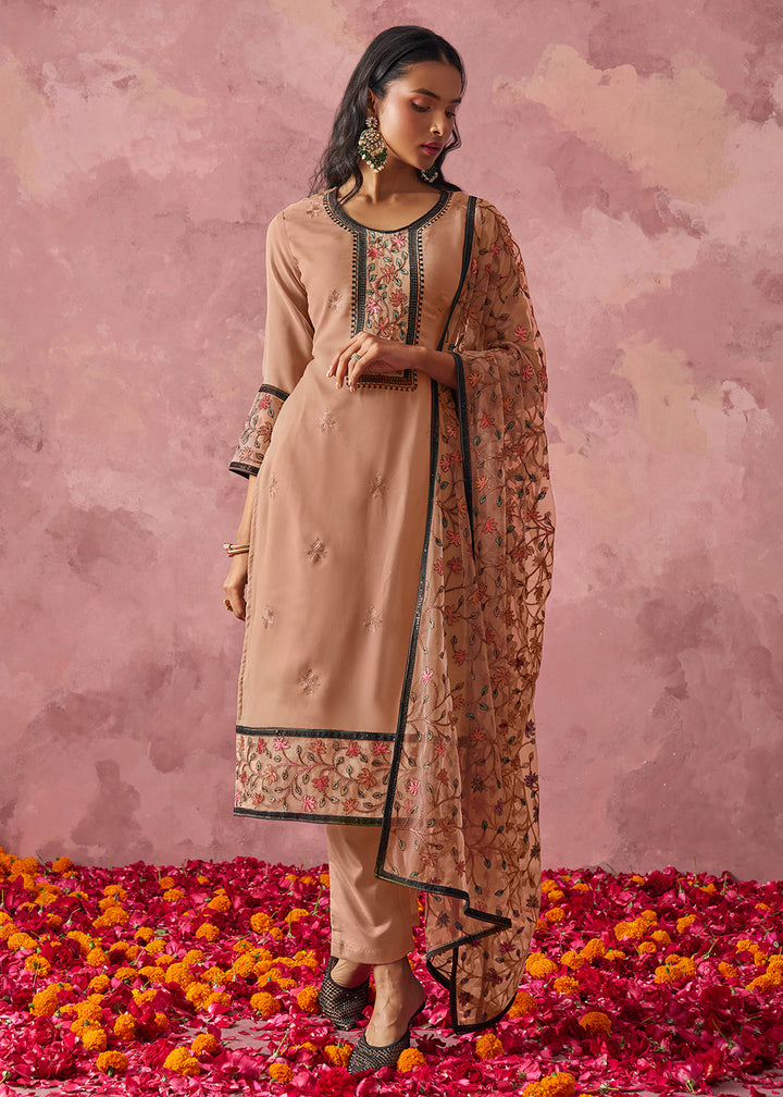 Buy Now Brown Embroidered Casual Festive Style Pant Suit Online in USA, UK, Canada, Germany, Italy, France, Austria, UAE, Qatar & Worldwide at Empress Clothing.