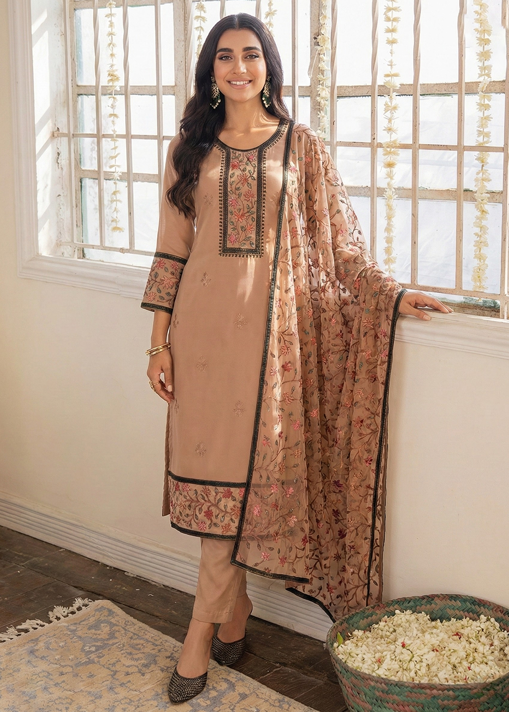 Buy Now Brown Embroidered Casual Festive Style Pant Suit Online in USA, UK, Canada, Germany, Italy, France, Austria, UAE, Qatar & Worldwide at Empress Clothing.