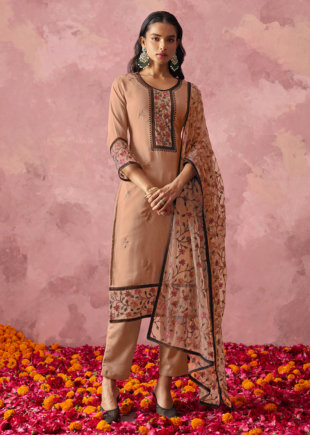 Buy Now Brown Embroidered Casual Festive Style Pant Suit Online in USA, UK, Canada, Germany, Italy, France, Austria, UAE, Qatar & Worldwide at Empress Clothing.