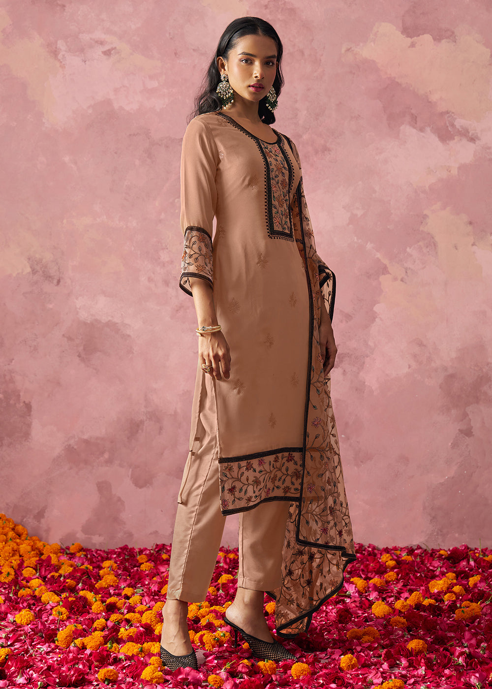 Buy Now Brown Embroidered Casual Festive Style Pant Suit Online in USA, UK, Canada, Germany, Italy, France, Austria, UAE, Qatar & Worldwide at Empress Clothing.