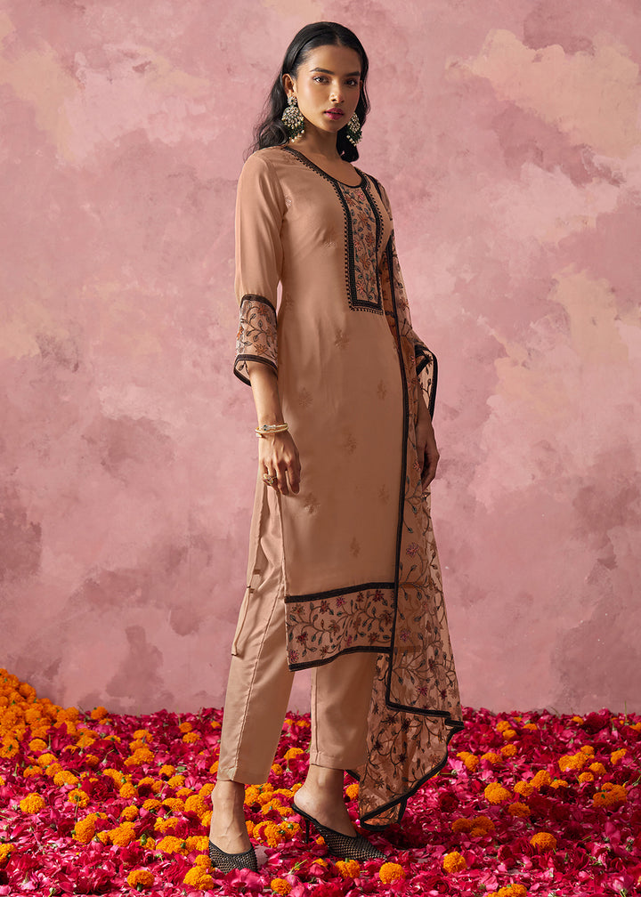 Buy Now Brown Embroidered Casual Festive Style Pant Suit Online in USA, UK, Canada, Germany, Italy, France, Austria, UAE, Qatar & Worldwide at Empress Clothing.