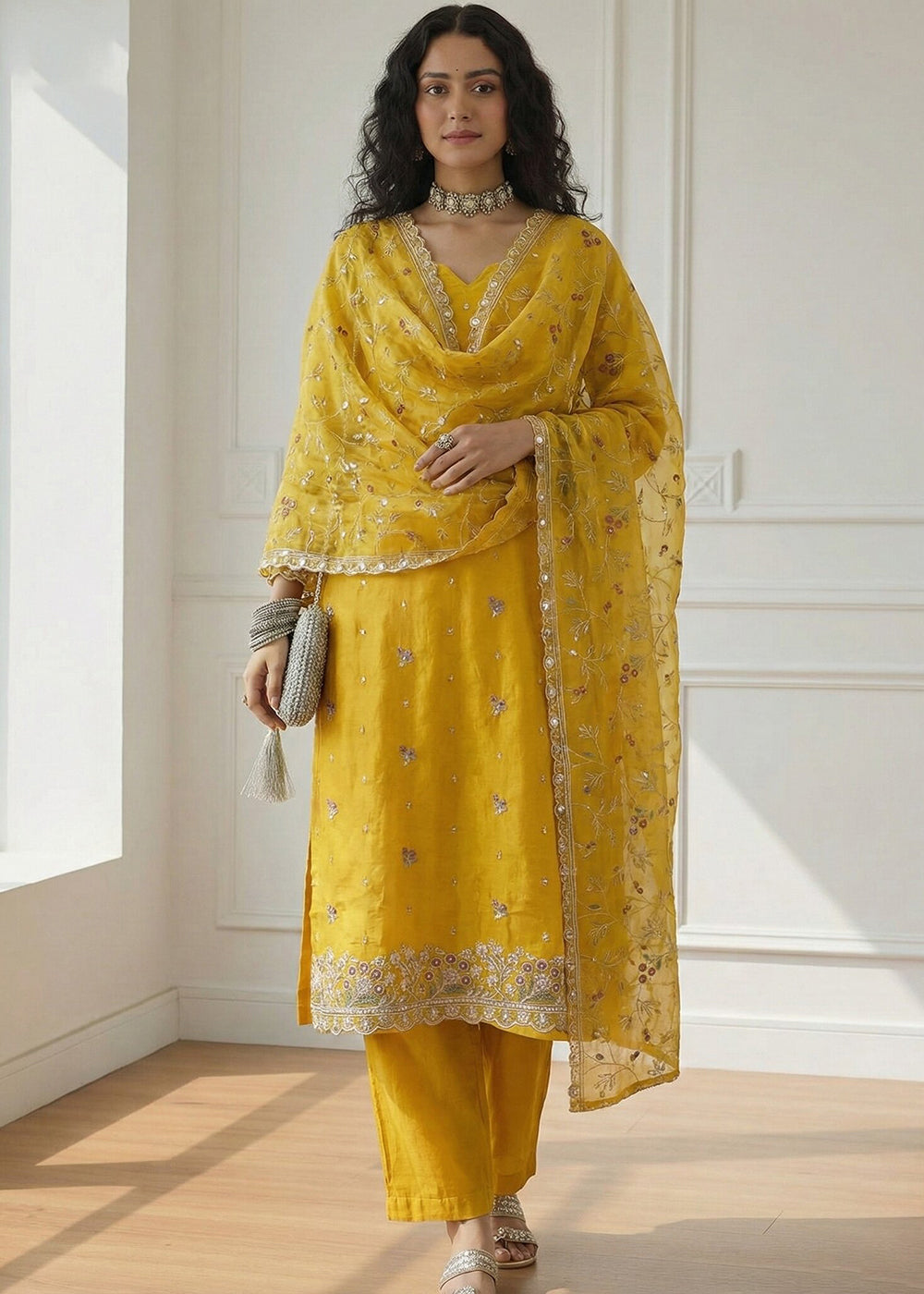 Buy Now Yellow Pakistani Style Organza Festive Salwar Suit Online in New York, Los Angeles, San Jose, Newark, Dallas, Toronto, Dubai & Worldwide at Empress.