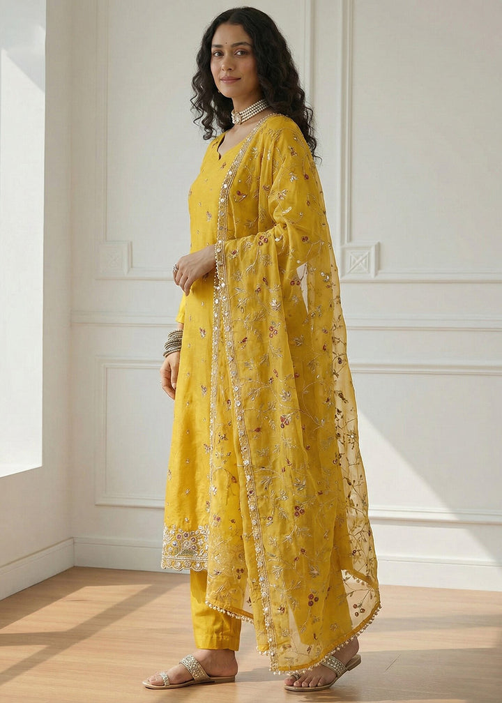 Buy Now Yellow Pakistani Style Organza Festive Salwar Suit Online in New York, Los Angeles, San Jose, Newark, Dallas, Toronto, Dubai & Worldwide at Empress.