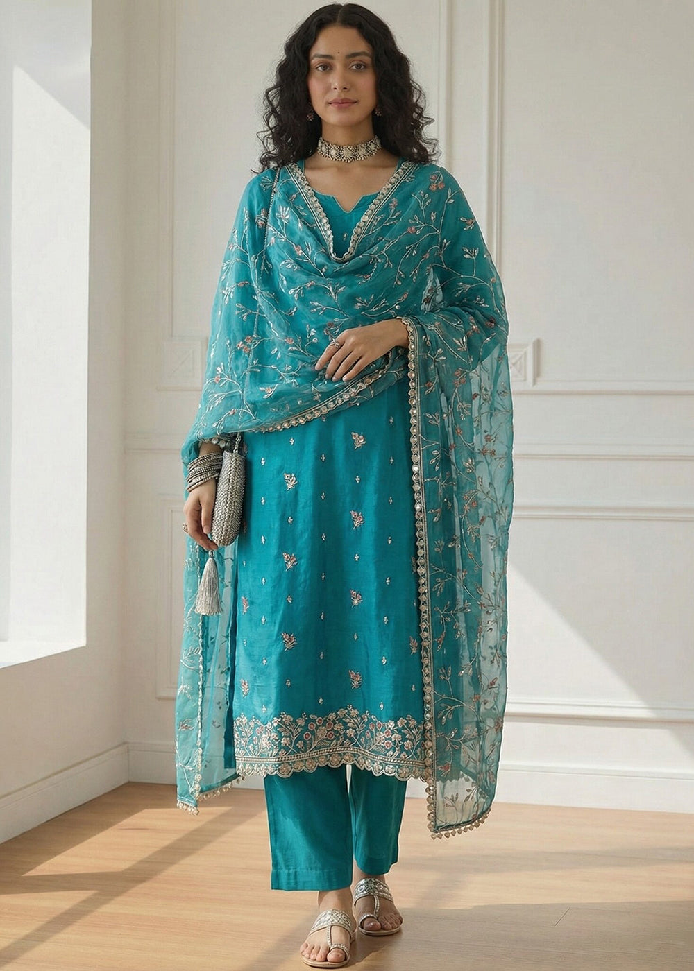 Buy Now Teal Pakistani Style Organza Festive Salwar Suit Online in New York, Los Angeles, San Jose, Newark, Dallas, Toronto, Dubai & Worldwide at Empress.