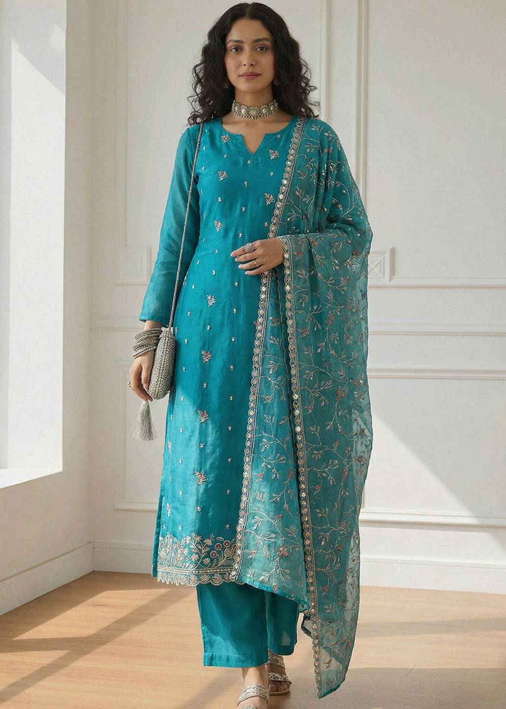 Buy Now Teal Pakistani Style Organza Festive Salwar Suit Online in New York, Los Angeles, San Jose, Newark, Dallas, Toronto, Dubai & Worldwide at Empress.