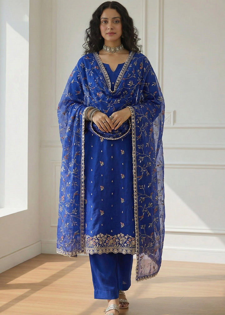 Buy Now Blue Pakistani Style Organza Festive Salwar Suit Online in New York, Los Angeles, San Jose, Newark, Dallas, Toronto, Dubai & Worldwide at Empress.