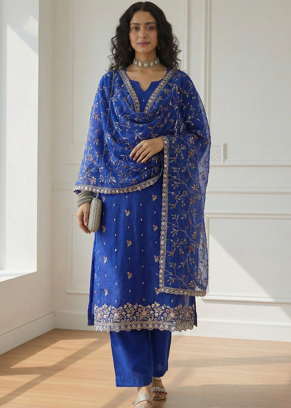 Buy Now Blue Pakistani Style Organza Festive Salwar Suit Online in New York, Los Angeles, San Jose, Newark, Dallas, Toronto, Dubai & Worldwide at Empress.