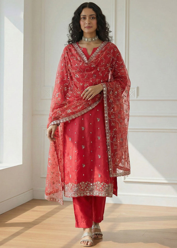 Buy Now Red Pakistani Style Organza Festive Salwar Suit Online in New York, Los Angeles, San Jose, Newark, Dallas, Toronto, Dubai & Worldwide at Empress.