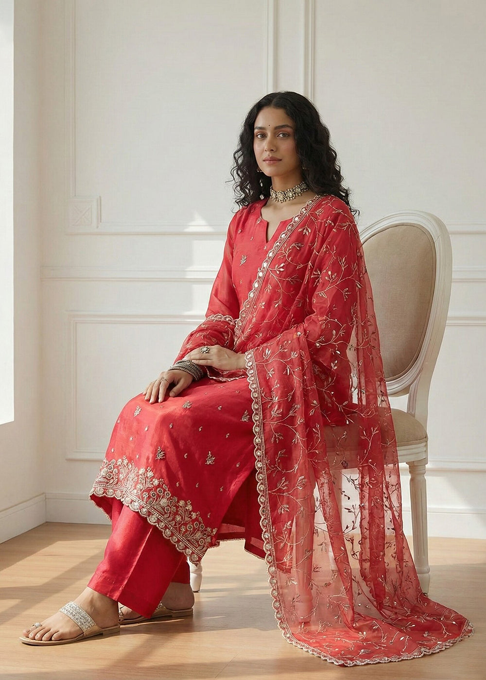 Buy Now Red Pakistani Style Organza Festive Salwar Suit Online in New York, Los Angeles, San Jose, Newark, Dallas, Toronto, Dubai & Worldwide at Empress.