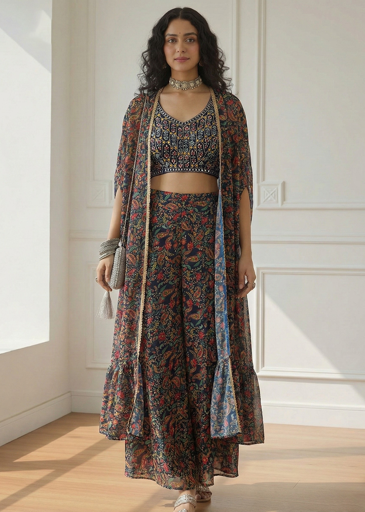 Shop Now Designer Blue Stunning Crop Top Style Sharara Suit Online at Empress in USA, UK, Canada, Italy, Germany, Greece, Sweden, Maldives, UAE & Worldwide.