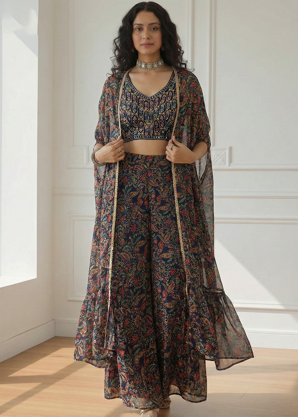 Shop Now Designer Blue Stunning Crop Top Style Sharara Suit Online at Empress in USA, UK, Canada, Italy, Germany, Greece, Sweden, Maldives, UAE & Worldwide.