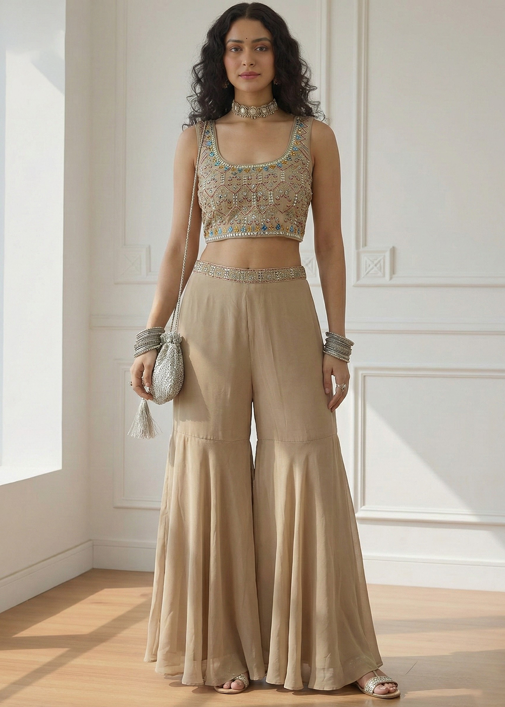 Shop Now Designer Beige Stunning Crop Top Style Sharara Suit Online at Empress in USA, UK, Canada, Italy, Germany, Greece, Sweden, Maldives, UAE & Worldwide.
