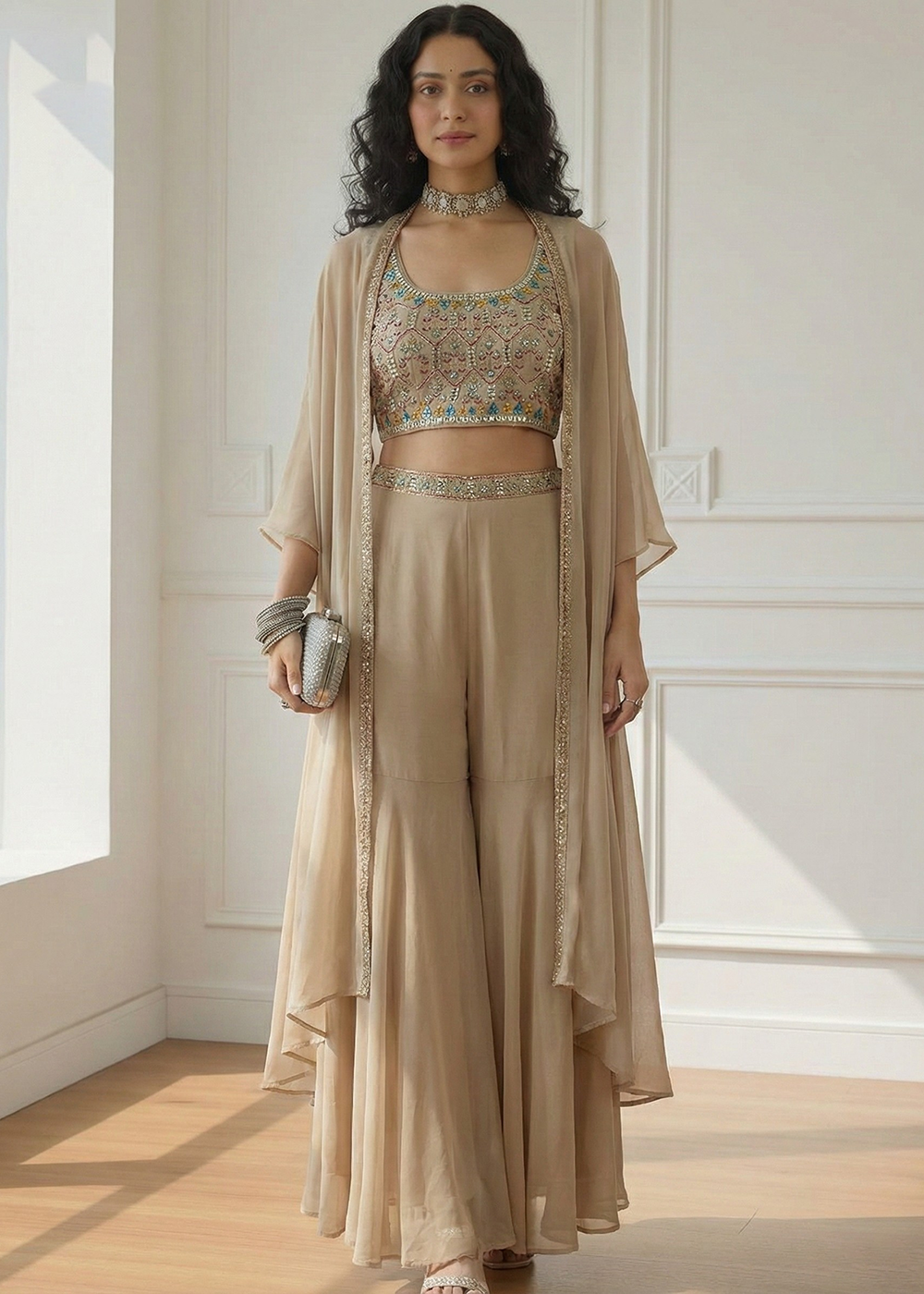 Shop Now Designer Beige Stunning Crop Top Style Sharara Suit Online at Empress in USA, UK, Canada, Italy, Germany, Greece, Sweden, Maldives, UAE & Worldwide.