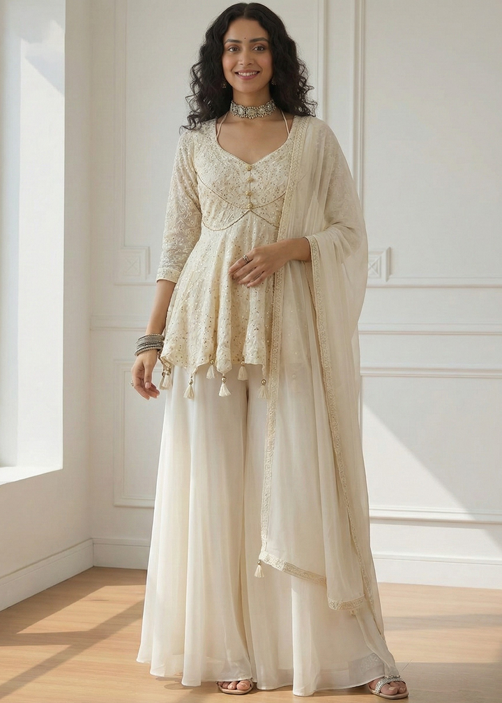 Shop Now Georgette Spectacular Off White Peplum Style Sharara Suit Online at Empress in USA, UK, Canada, Italy, Germany, France, Greece, UAE & Worldwide.