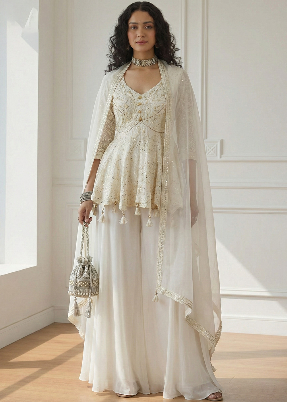 Shop Now Georgette Spectacular Off White Peplum Style Sharara Suit Online at Empress in USA, UK, Canada, Italy, Germany, France, Greece, UAE & Worldwide.