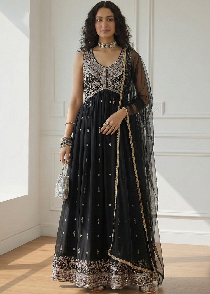 Buy Now  Multi Thread Embroidered Black Anarkali Style Suit Online in USA, UK, Australia, New Zealand, Canada, Italy. Germany, Greece & Worldwide at Empress. 