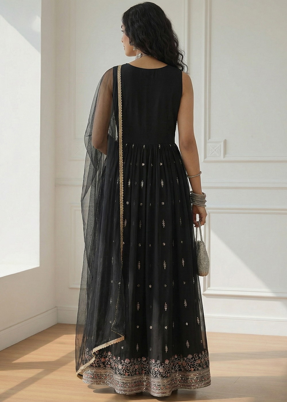 Buy Now  Multi Thread Embroidered Black Anarkali Style Suit Online in USA, UK, Australia, New Zealand, Canada, Italy. Germany, Greece & Worldwide at Empress. 