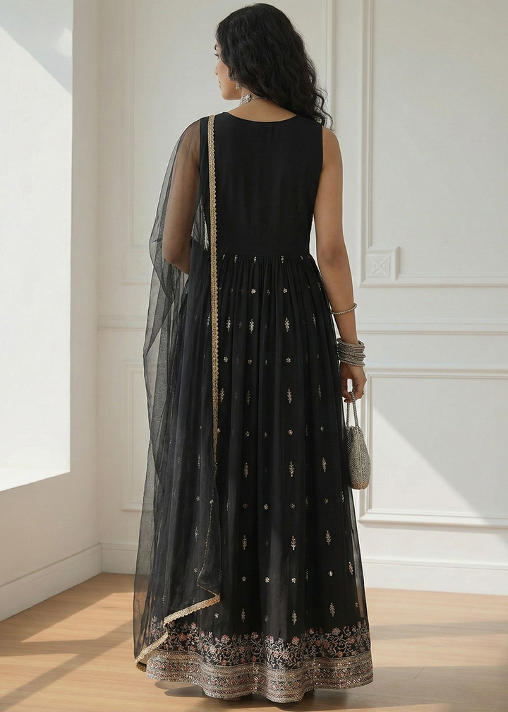 Buy Now  Multi Thread Embroidered Black Anarkali Style Suit Online in USA, UK, Australia, New Zealand, Canada, Italy. Germany, Greece & Worldwide at Empress. 