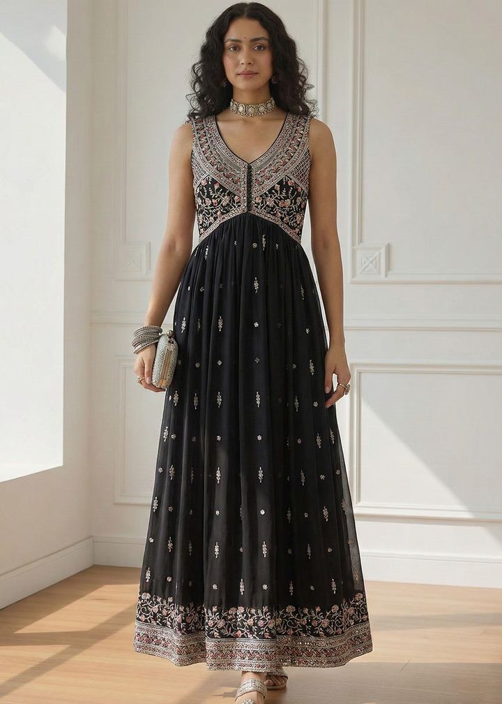 Buy Now  Multi Thread Embroidered Black Anarkali Style Suit Online in USA, UK, Australia, New Zealand, Canada, Italy. Germany, Greece & Worldwide at Empress. 