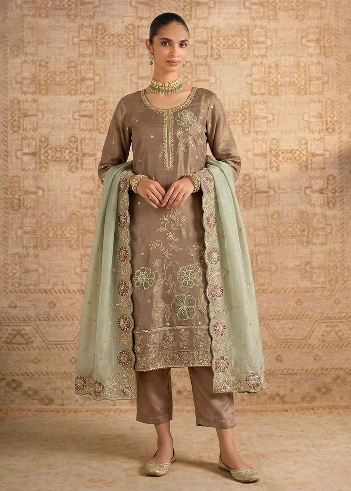 Buy Now Brown Pure Shimmer Silk Designer Salwar Kurta Set Online in US, UK, Canada, Netherlands, Germany, Italy, France, Sweden, UAE & Worldwide at Empress.