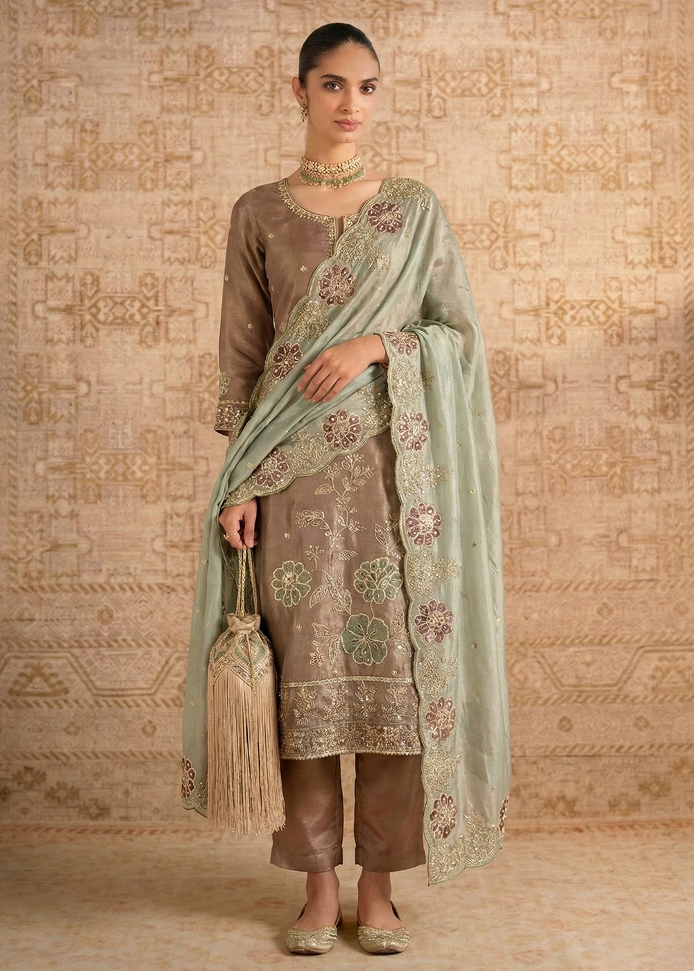 Buy Now Brown Pure Shimmer Silk Designer Salwar Kurta Set Online in US, UK, Canada, Netherlands, Germany, Italy, France, Sweden, UAE & Worldwide at Empress.