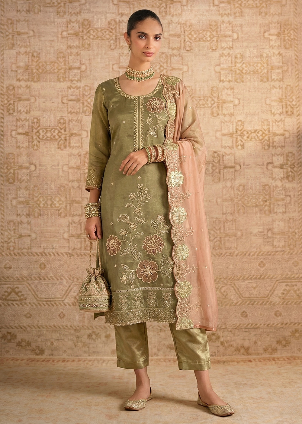Buy Now Green Pure Shimmer Silk Designer Salwar Kurta Set Online in US, UK, Canada, Netherlands, Germany, Italy, France, Sweden, UAE & Worldwide at Empress.