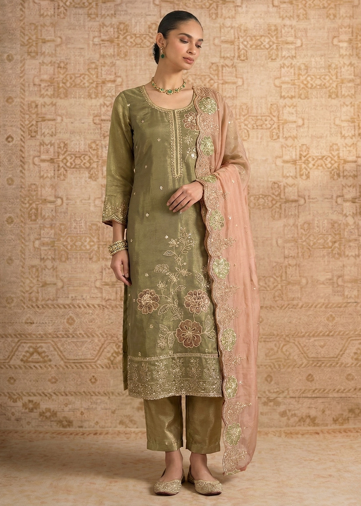 Buy Now Green Pure Shimmer Silk Designer Salwar Kurta Set Online in US, UK, Canada, Netherlands, Germany, Italy, France, Sweden, UAE & Worldwide at Empress.