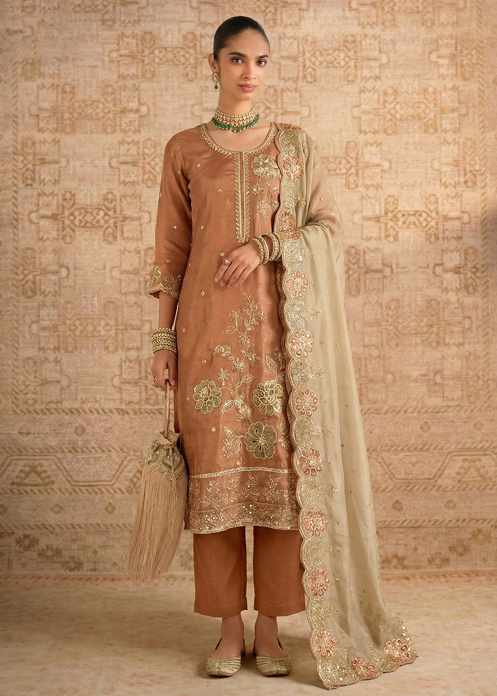 Buy Now Peach Pure Shimmer Silk Designer Salwar Kurta Set Online in US, UK, Canada, Netherlands, Germany, Italy, France, Sweden, UAE & Worldwide at Empress.
