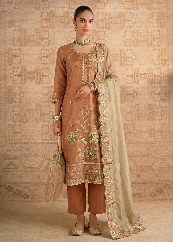 Buy Now Peach Pure Shimmer Silk Designer Salwar Kurta Set Online in US, UK, Canada, Netherlands, Germany, Italy, France, Sweden, UAE & Worldwide at Empress.