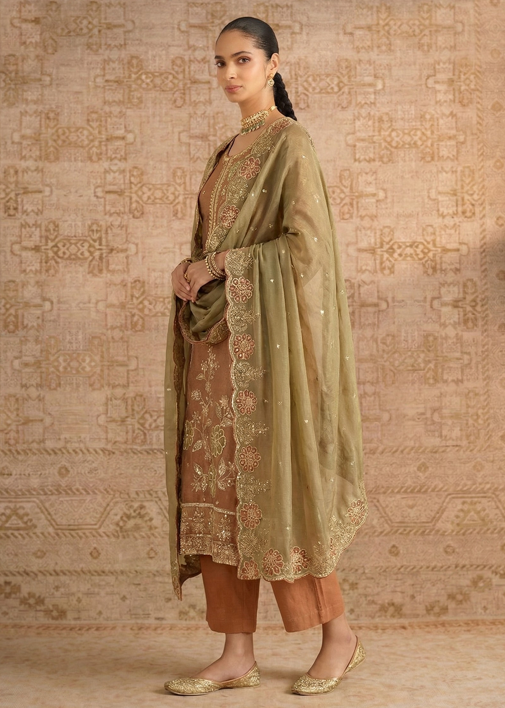 Buy Now Peach Pure Shimmer Silk Designer Salwar Kurta Set Online in US, UK, Canada, Netherlands, Germany, Italy, France, Sweden, UAE & Worldwide at Empress.