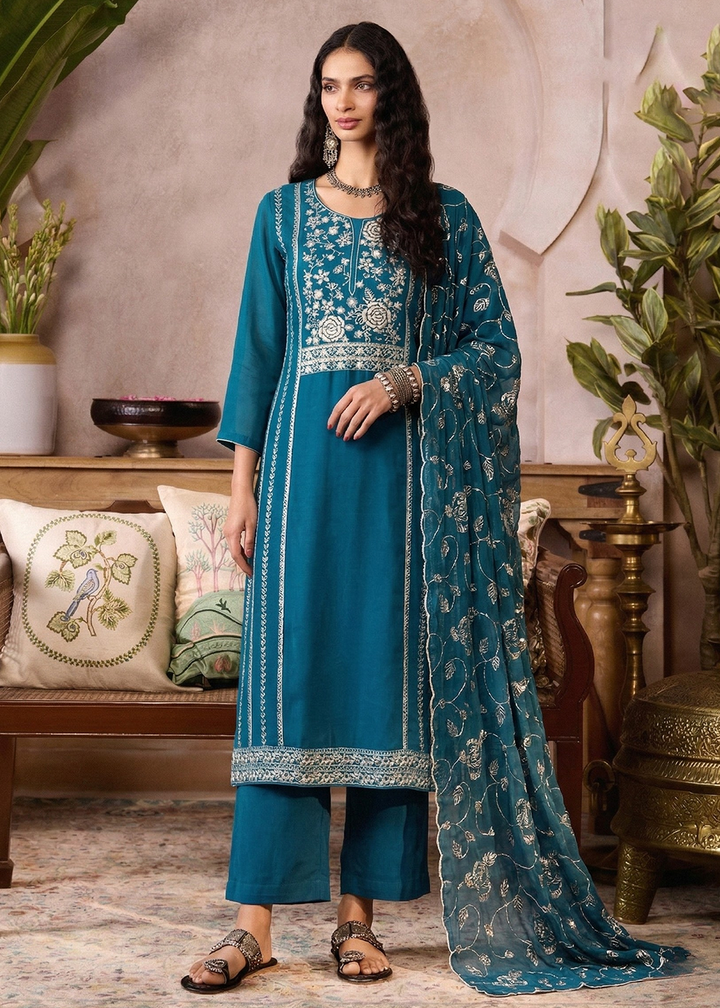 Buy Now Blue Pure Organza Festive Style Salwar Kurta Set Online in US, UK, Canada, Netherlands, Germany, Italy, France, Sweden, Denmark & Worldwide at Empress.