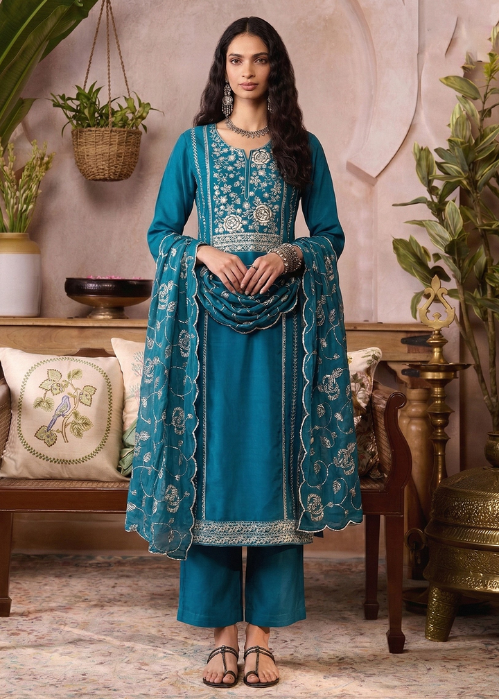 Buy Now Blue Pure Organza Festive Style Salwar Kurta Set Online in US, UK, Canada, Netherlands, Germany, Italy, France, Sweden, Denmark & Worldwide at Empress.