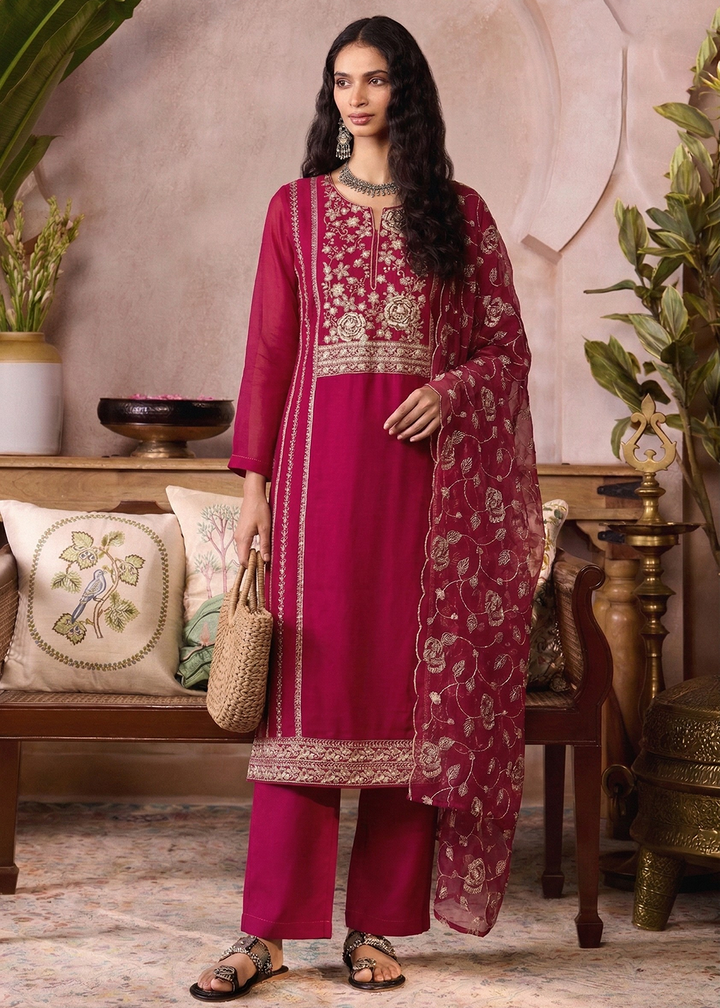 Buy Now Pink Pure Organza Festive Style Salwar Kurta Set Online in US, UK, Canada, Netherlands, Germany, Italy, France, Sweden, Denmark & Worldwide at Empress.
