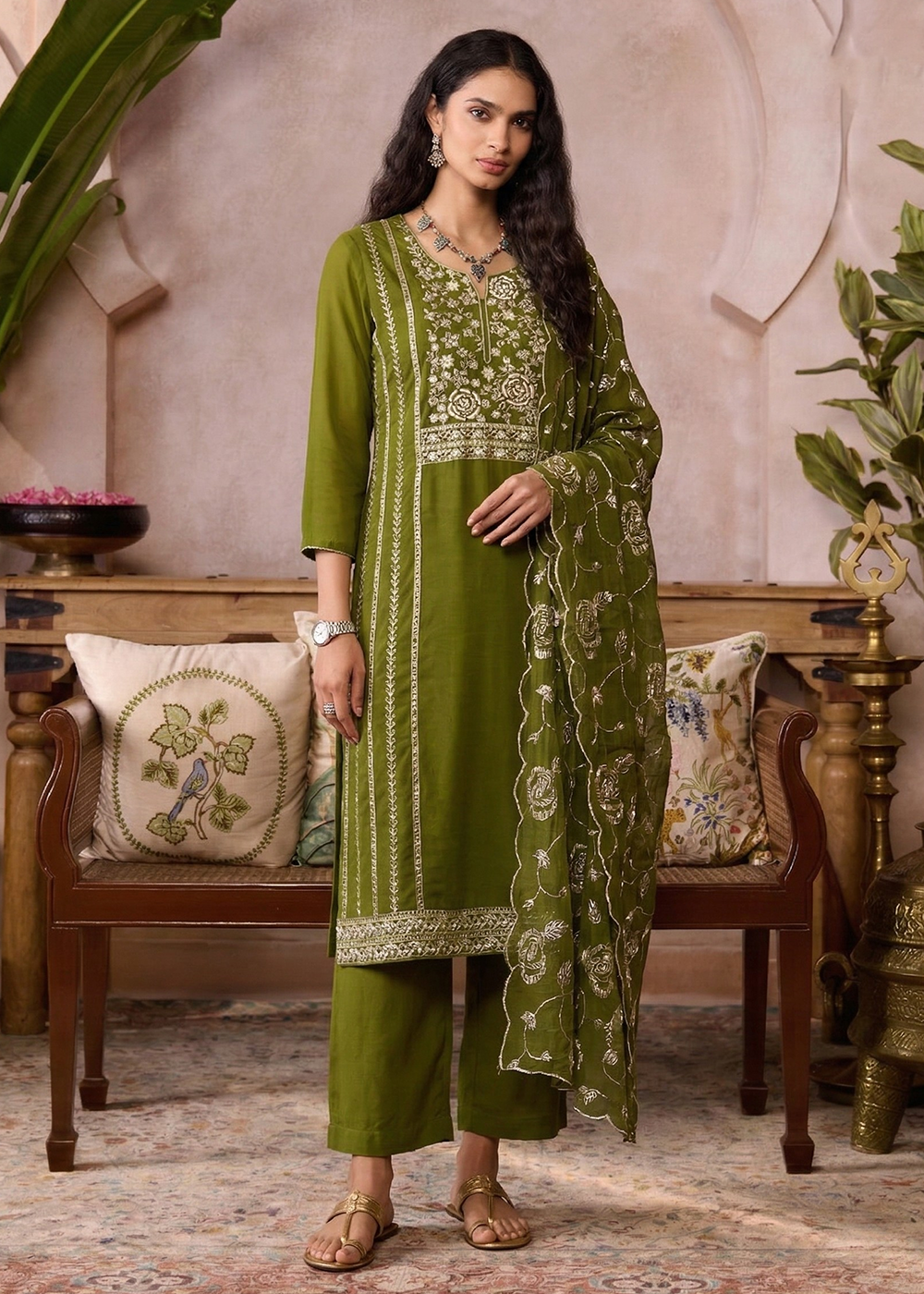 Buy Now Green Pure Organza Festive Style Salwar Kurta Set Online in US, UK, Canada, Netherlands, Germany, Italy, France, Sweden, Denmark & Worldwide at Empress.
