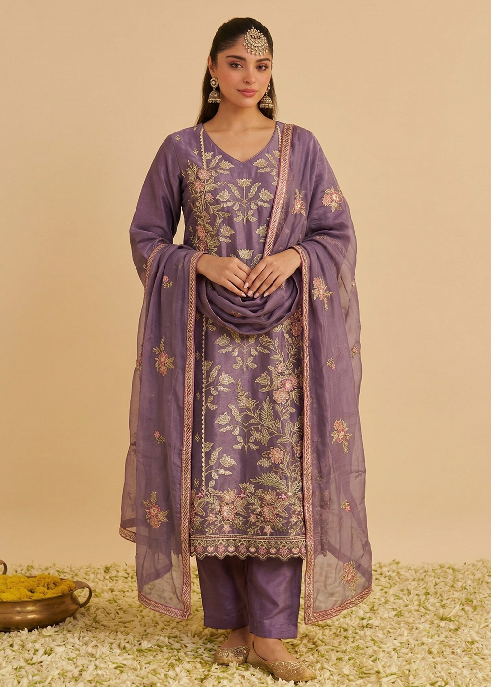 Buy Now Lilac Pure Shimmer SIlk Embroidered Salwar Kurta Dress Online in US, UK, Canada, Netherlands, Germany, Italy, France, Sweden, UAE & Worldwide at Empress.