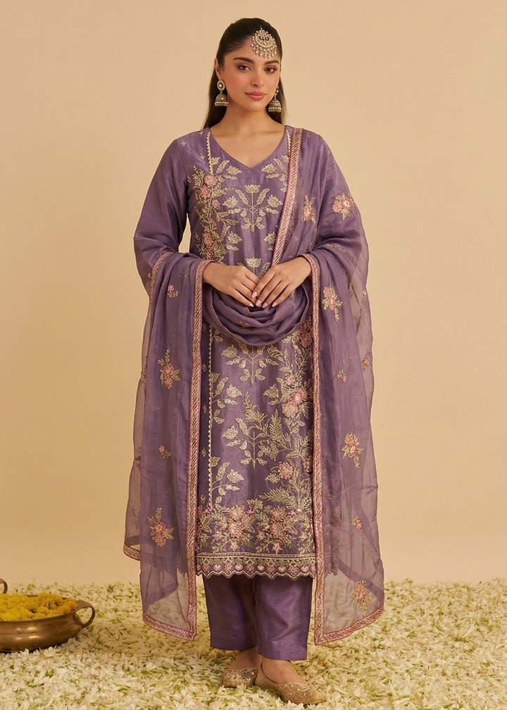 Buy Now Lilac Pure Shimmer SIlk Embroidered Salwar Kurta Dress Online in US, UK, Canada, Netherlands, Germany, Italy, France, Sweden, UAE & Worldwide at Empress.
